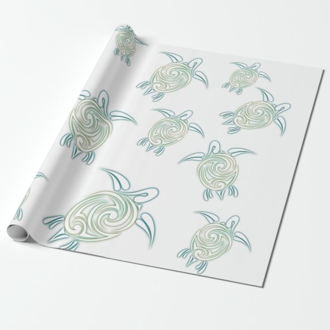 Sea Turtles Pattern White Green Wrapping Paper (Unrolled)