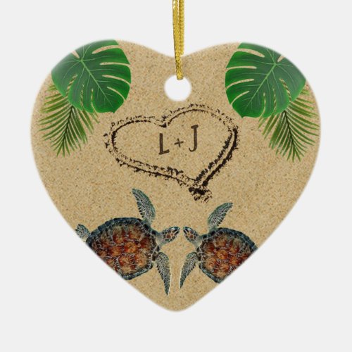 Sea Turtles Sand Heart and Palms Ceramic Ornament