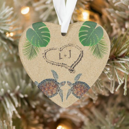 Sea Turtles Sand Heart and Palms Personalized Ornament