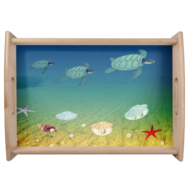 Turtle Shell Tray Sea turtles, sea shells, and pearls on the ocean serving tray | Zazzle