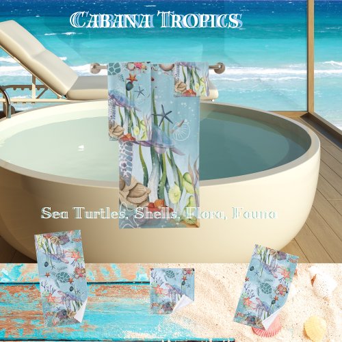 Sea Turtles Shells Flora  Fauna  Bath Towel Set