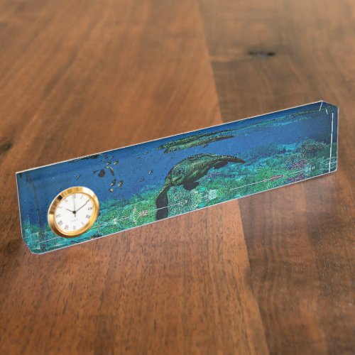 Sea turtles swim through the Mediterranean Sea Desk Name Plate