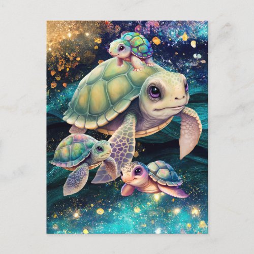 Sea Turtles Swimming in Magical Cosmic Waters Postcard