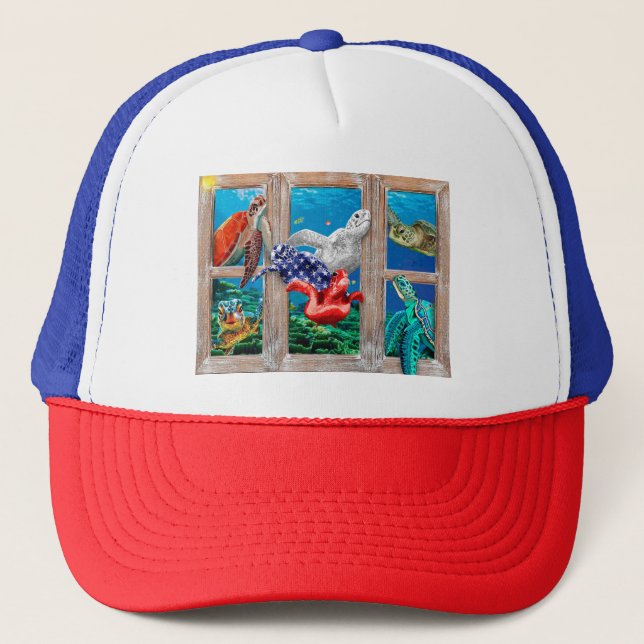 Sea Turtles Swimming Into The Door Decoration Idea Trucker Hat (Front)