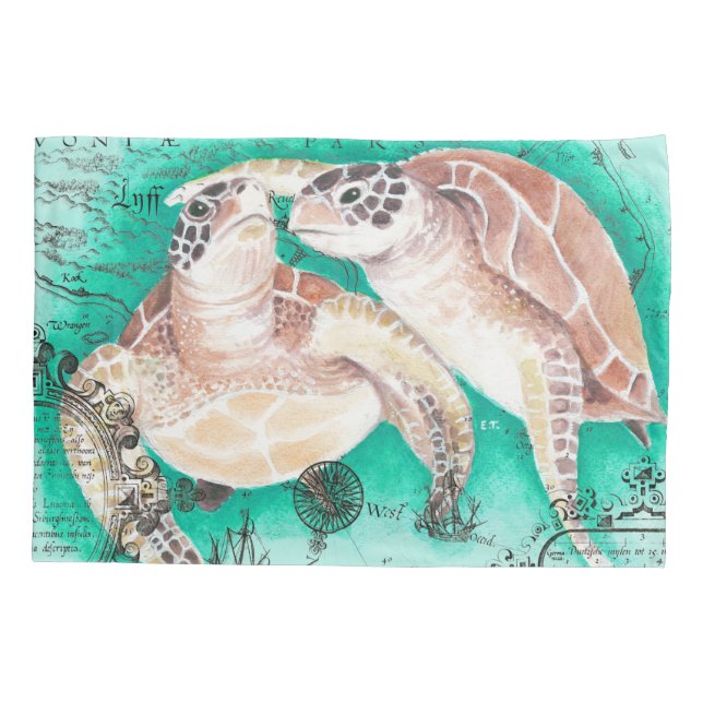 Sea Turtles Teal Pillow Case (Back)