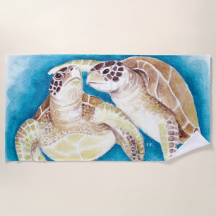 Sea Turtles Teal Watercolor Art Beach Towel