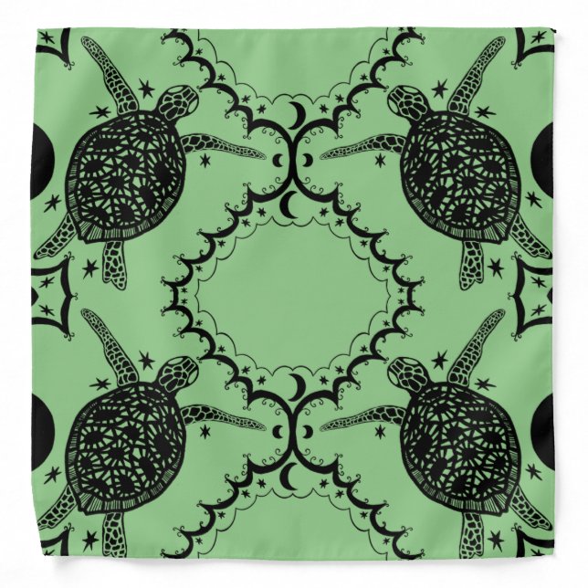 Sea Turtles Tortoise Moons Pattern Green Bandana (Front)