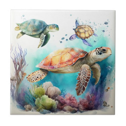Sea Turtles Watercolor  Coral Reef Ceramic Tile