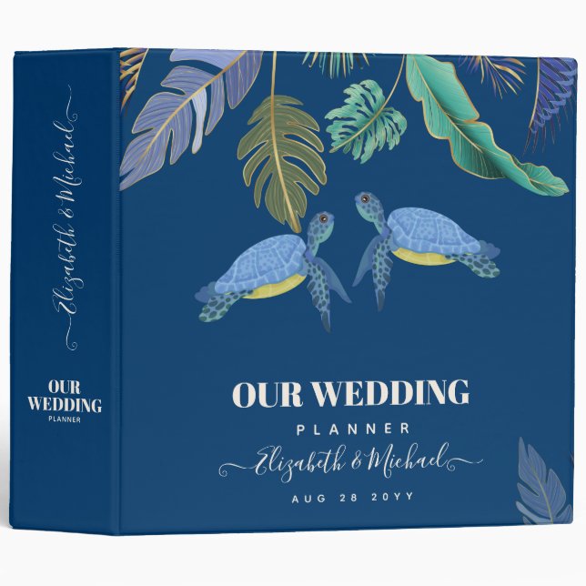 Sea Turtles Wedding Blue Yellow 3 Ring Binder (Front/Spine)