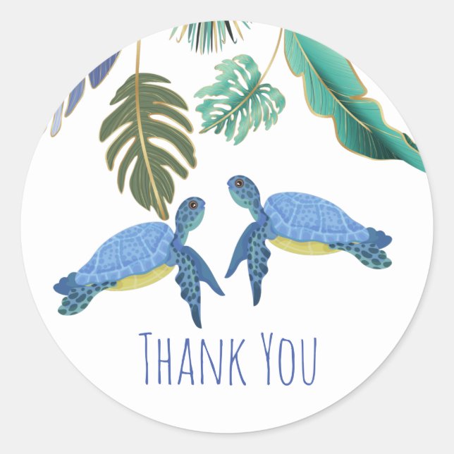 Sea Turtles Wedding Blue Yellow Classic Round Stic Sticker (Front)