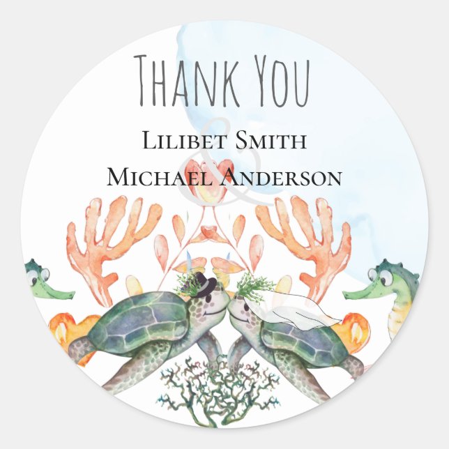 Sea Turtles Wedding Featuring Bride and Groom Classic Round Sticker (Front)