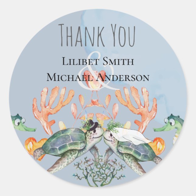 Sea Turtles Wedding Featuring Bride and Groom Classic Round Sticker (Front)