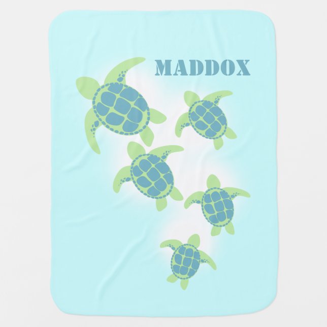 Sea Turtles with Name Swaddle Blanket (Front)