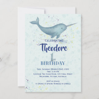 Sea Unicorn Narwal watercolor 1st birthday  Invitation