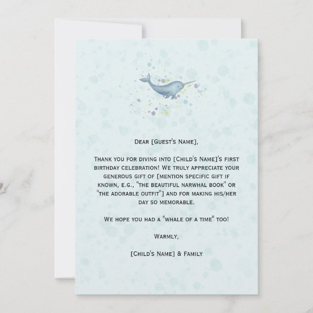 "Sea Unicorn" Narwhal birthday Thank You Card (Front)