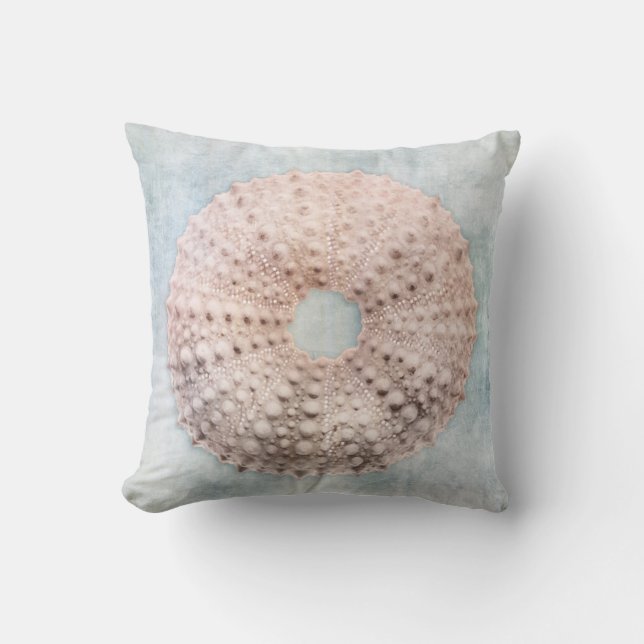 Sea Urchin Distressed Coastal Blue Cream Throw Pillow (Front)