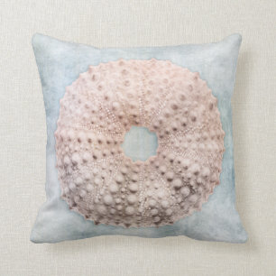 Sea Urchin Distressed Coastal Blue Cream Throw Pillow