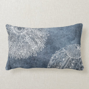 Sea Urchin Watercolor Ocean Navy Blue White Lumbar Pillow