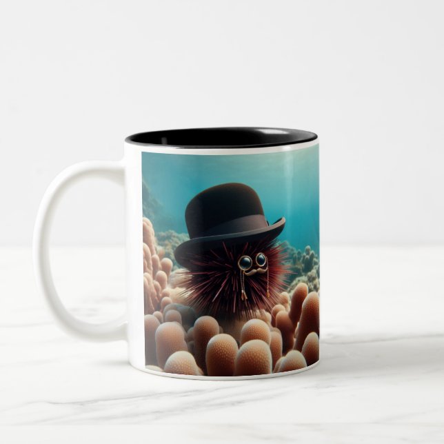 Sea urchin with hat and bi-monocles Two-Tone coffee mug (Left)
