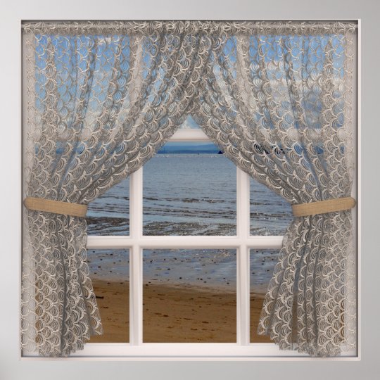 Sea View Window With Lace Curtains Poster Sea View Window With Lace Curtains Poster