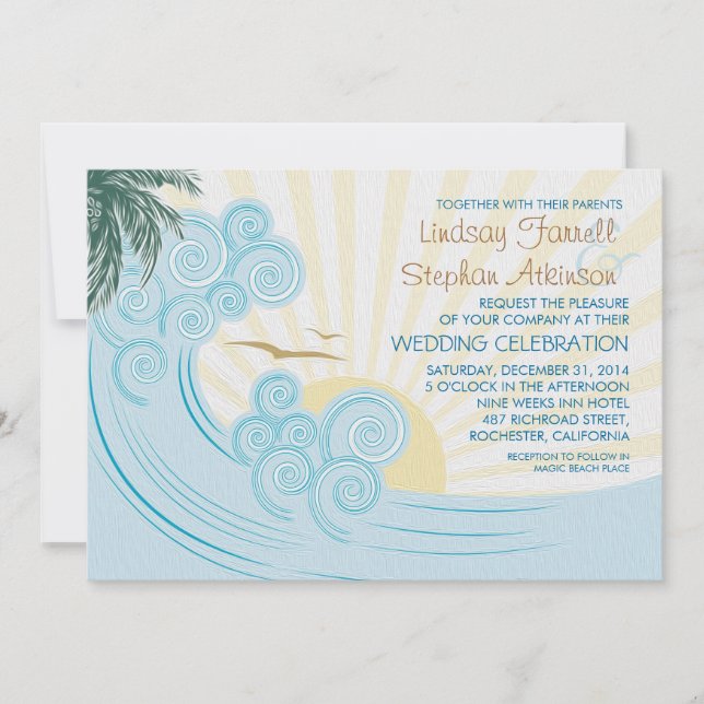 Sea waves beach wedding invitations (Front)