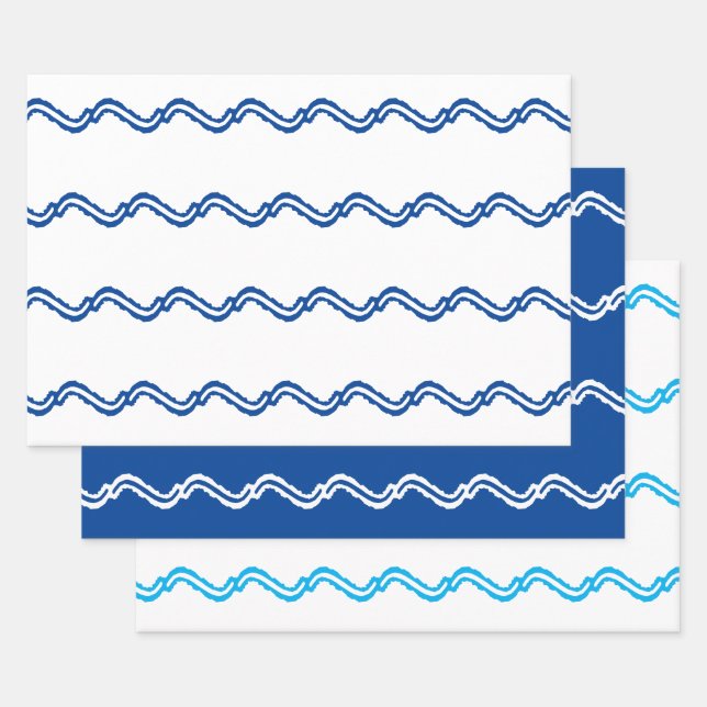 Sea waves blue white nautical pattern 3 gift wrapping paper sheets (Set)