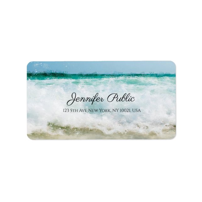 Sea Waves Elegant Oil Art Modern Script Address Label (Front)