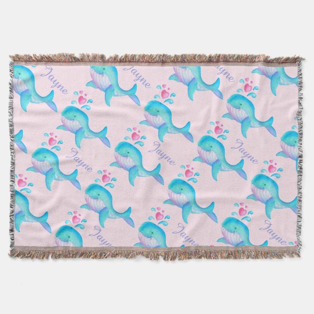 Sea whale watercolor art pink named pattern throw blanket (Front)