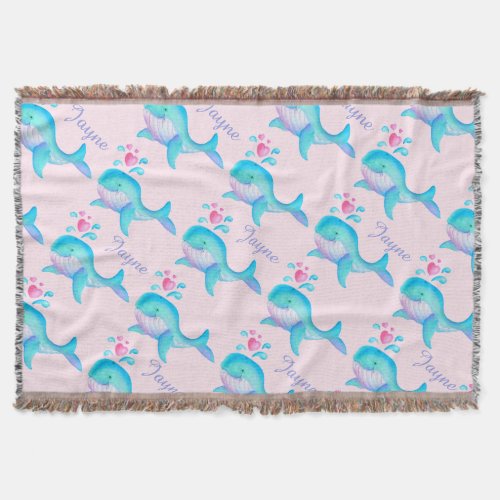 Sea whale watercolor art pink named pattern throw throw blanket