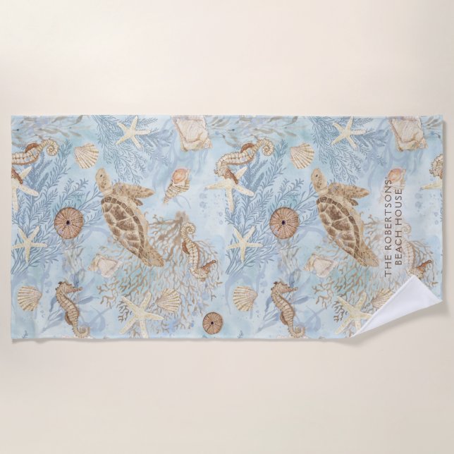 Sea Whispers Turtle Seahorse Starfish Personalized Beach Towel (Front)