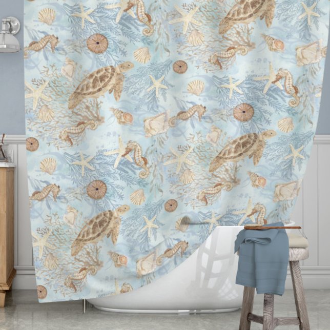 Sea Whispers Turtle Seahorse Starfish Watercolor Shower Curtain (Creator Uploaded)