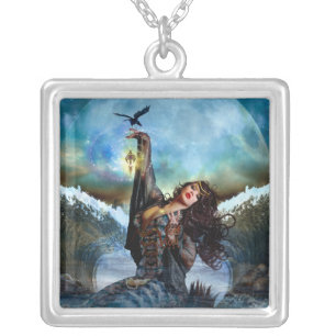 Sea Witch Digital Art Silver Square Necklace
