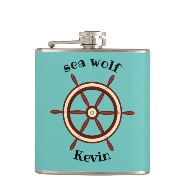 "SEA WOLF" ,steering wheel, personalized Flask (Front)