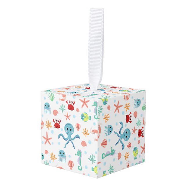 Sea World pattern Cube Ornament (Front Angled)