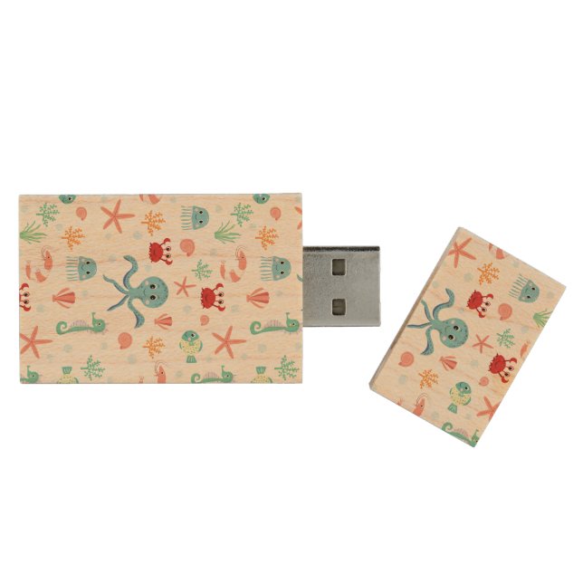 Sea World pattern Wood Flash Drive (Opened)