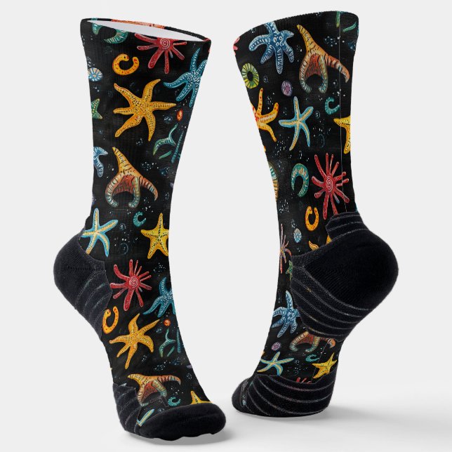 Sea Worms & Stars Chalk Drawing Pattern Black Socks (Angled)