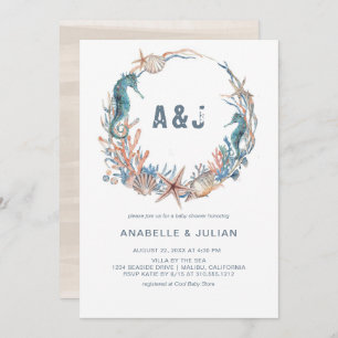 Sea Wreath Rustic Beach Monogram Baby Shower Invitation