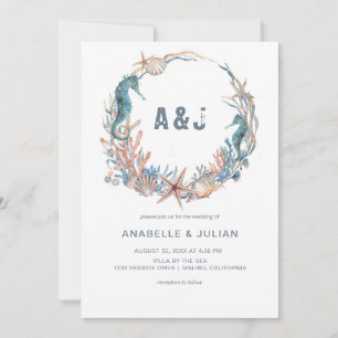 Sea Wreath Rustic Beach Monogram Wedding Invitation