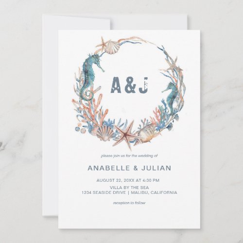 Sea Wreath  Rustic Beach Monogram Wedding Invitation