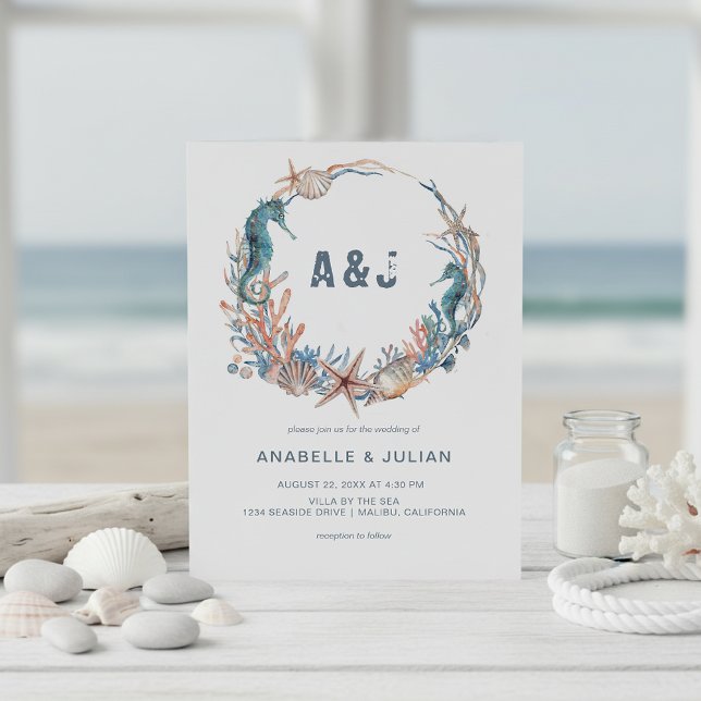 Sea Wreath | Rustic Beach Monogram Wedding Invitation (Creator Uploaded)