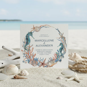 Sea Wreath Seahorse and Shells Beach Wedding Invitation