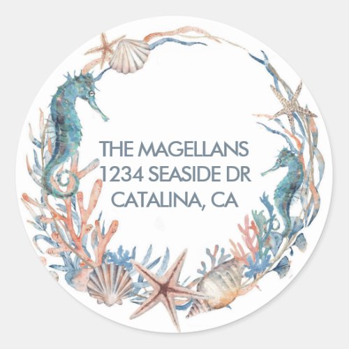 Sea Wreath  Seahorse Shells Return Address  Classic Round Sticker