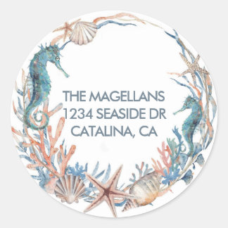 Sea Wreath | Seahorse Shells Return Address Classic Round Sticker