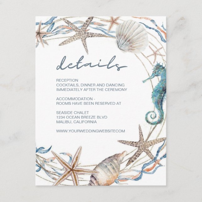 Sea Wreath Starfish Shell Seahorse Wedding Details Enclosure Card (Front)