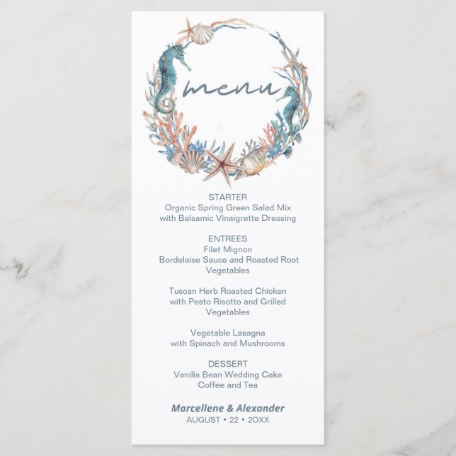 Sea Wreath | Tropical Beach Watercolor Wedding Menu (Front)