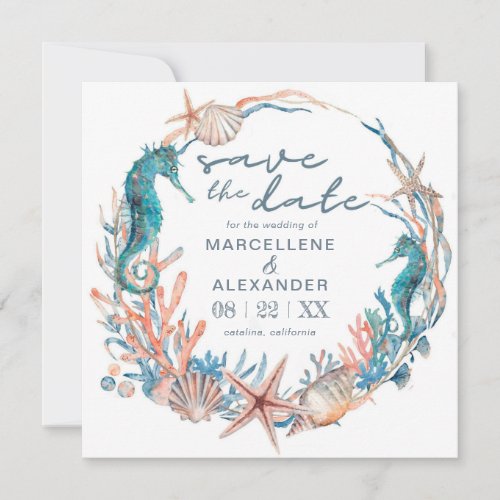 Sea Wreath  Watercolor Beach Wedding Save The Date