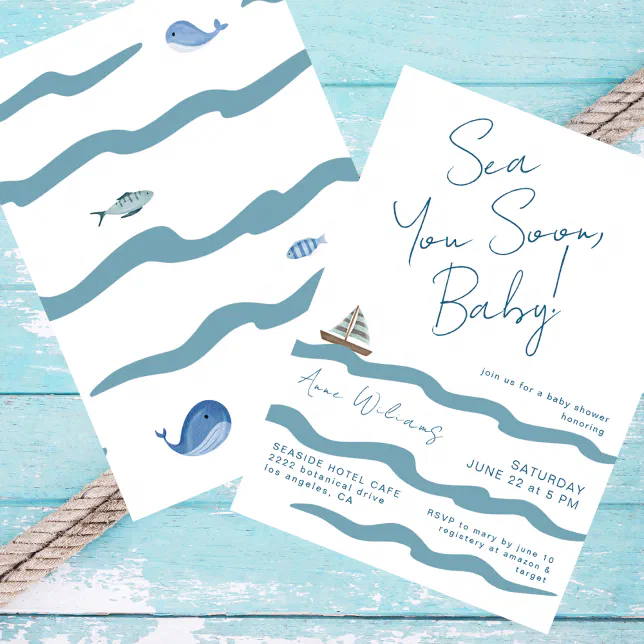 Sea You Soon Baby Nautical Waves Blue Boy Shower Invitation | Zazzle
