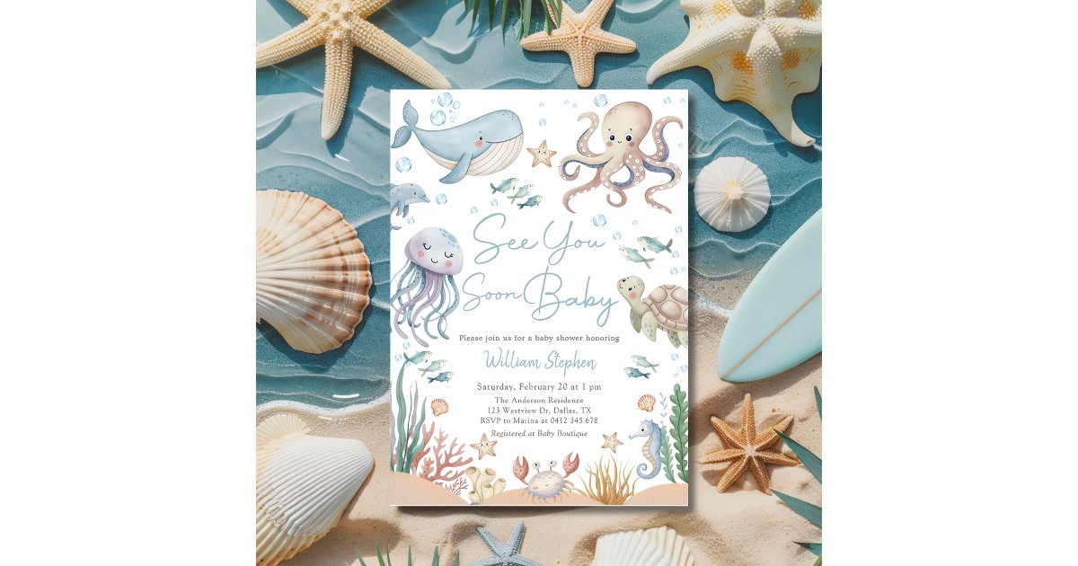 Sea You Soon Baby Ocean Animal Baby Shower Invitation | Zazzle