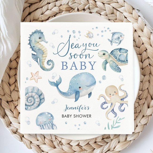 Sea You Soon Baby Shower Boy Blue Ocean Paper Napkins (Creator Uploaded)