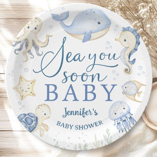 Sea You Soon Baby Shower Boy Blue Ocean Paper Plates